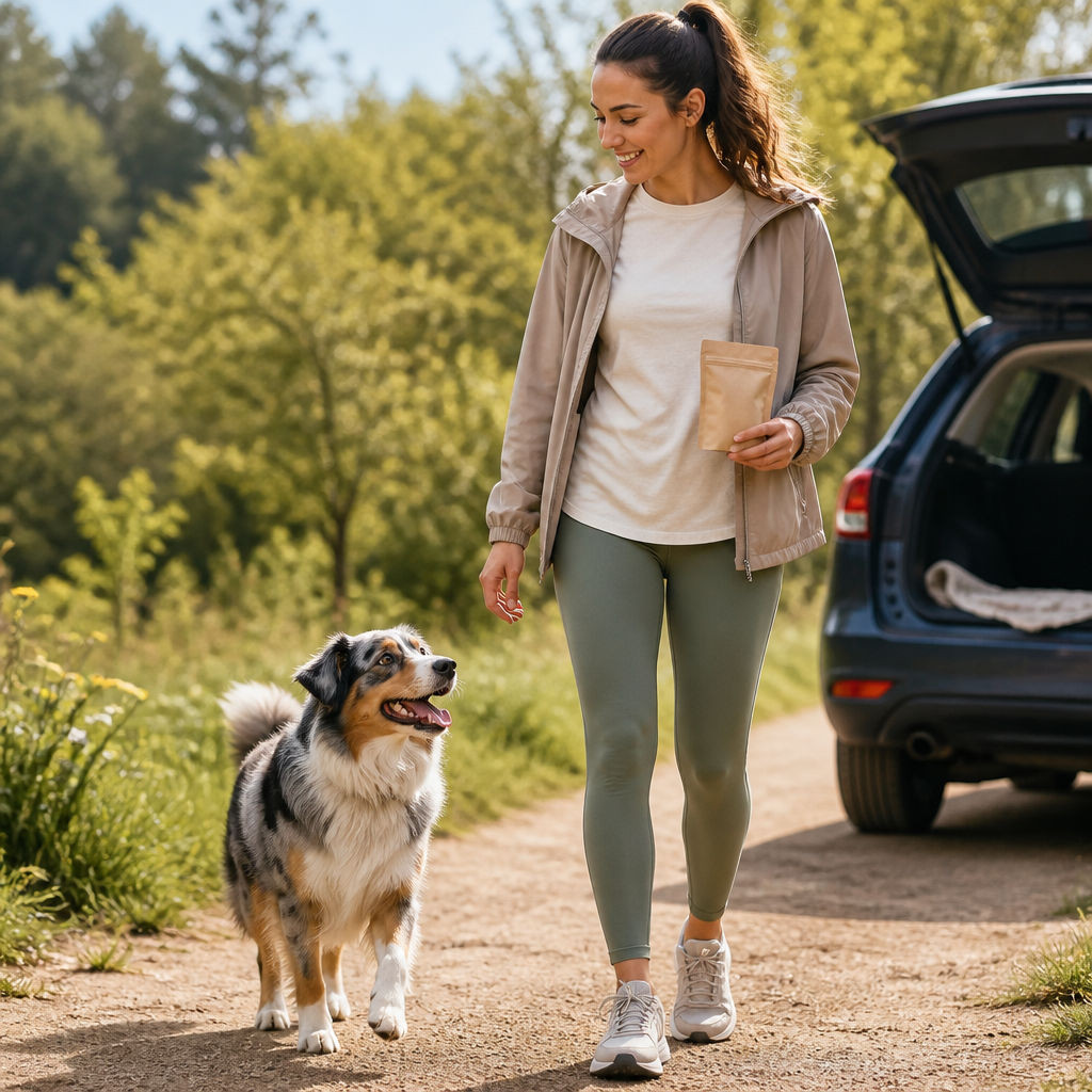 Active dog trotting along a sunny path with its owner holding a pouch of training treats.