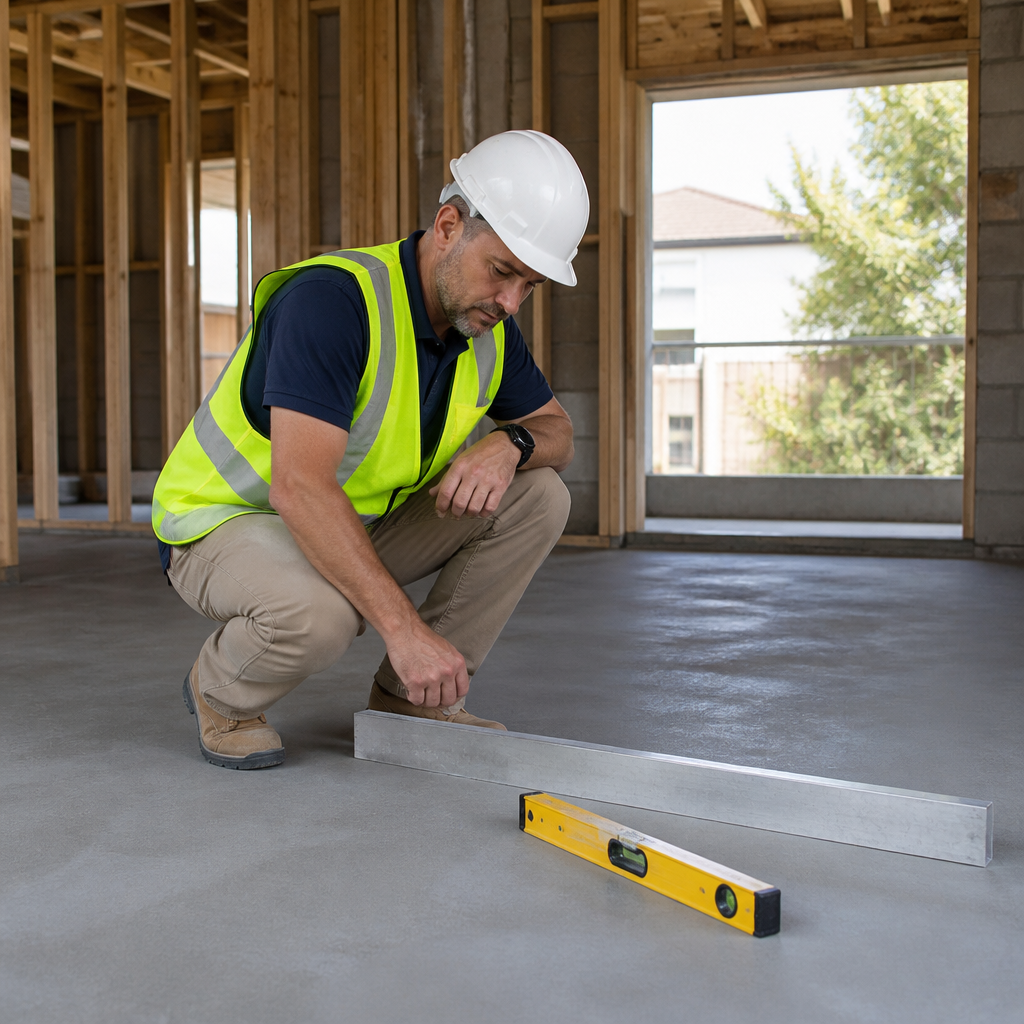 Inspector checking a bare concrete slab with a spirit level inside an unfinished Brisbane new home.