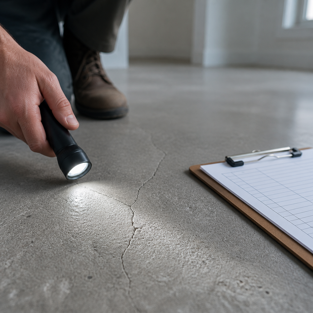 Close-up of a hairline crack on a bare concrete slab during a new build handover check.