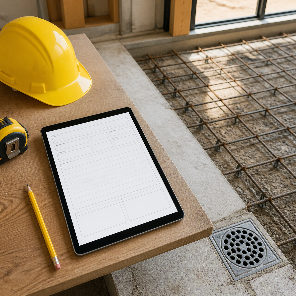 Tablet with a blank defect report beside exposed slab reinforcement on a new home under construction.