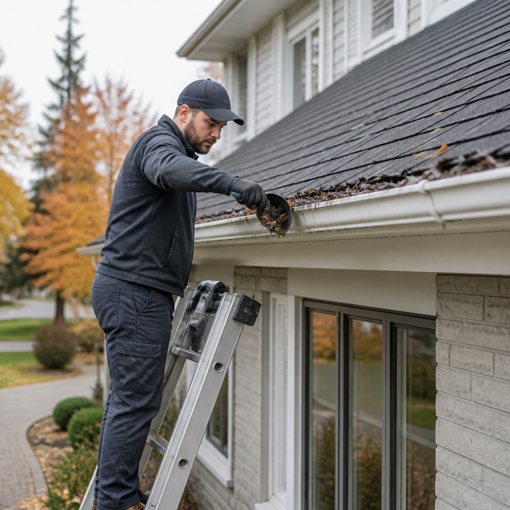 Technician clearing autumn leaves and grit from a residential eavestrough on a Niagara Falls home