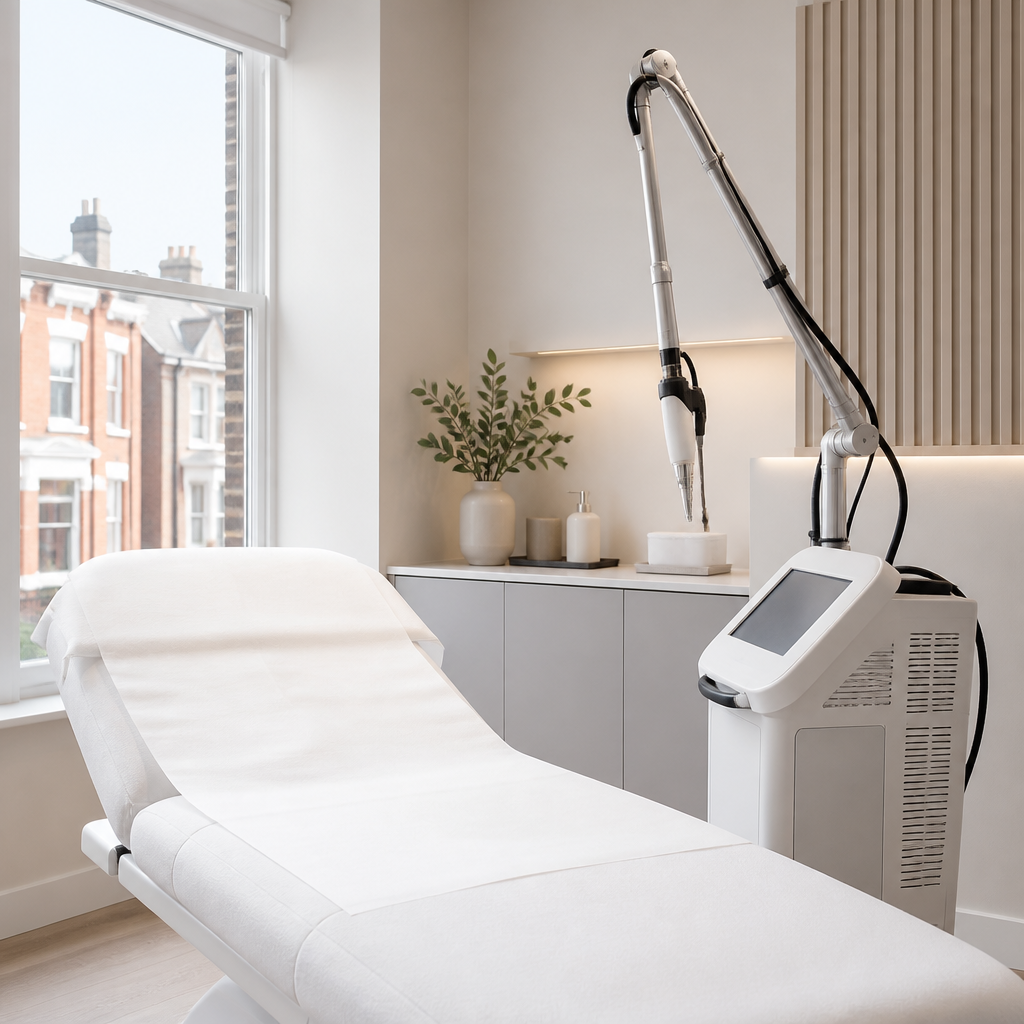 Laser tattoo removal device with handheld applicator in a bright Liverpool clinic treatment room.