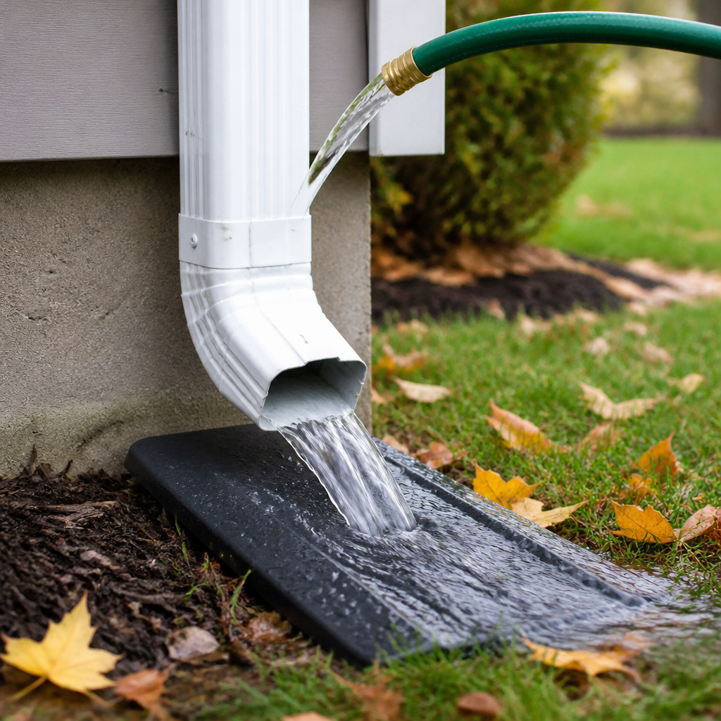 Downspout flowing freely onto a splash block at the foundation of a home during an eavestrough flow test