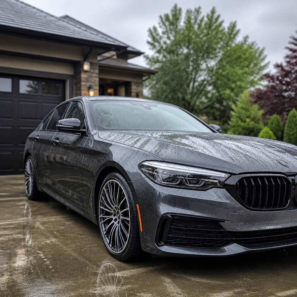 Water beading and rolling off a glossy gray luxury sedan's ceramic-coated paint in a Chicago suburb driveway