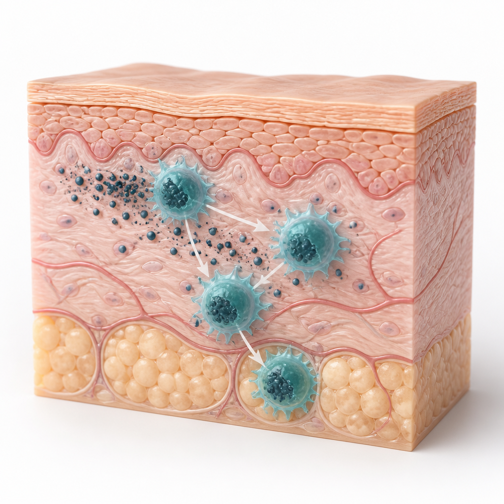 Diagram-style view of immune cells carrying broken ink particles through skin layers during healing.