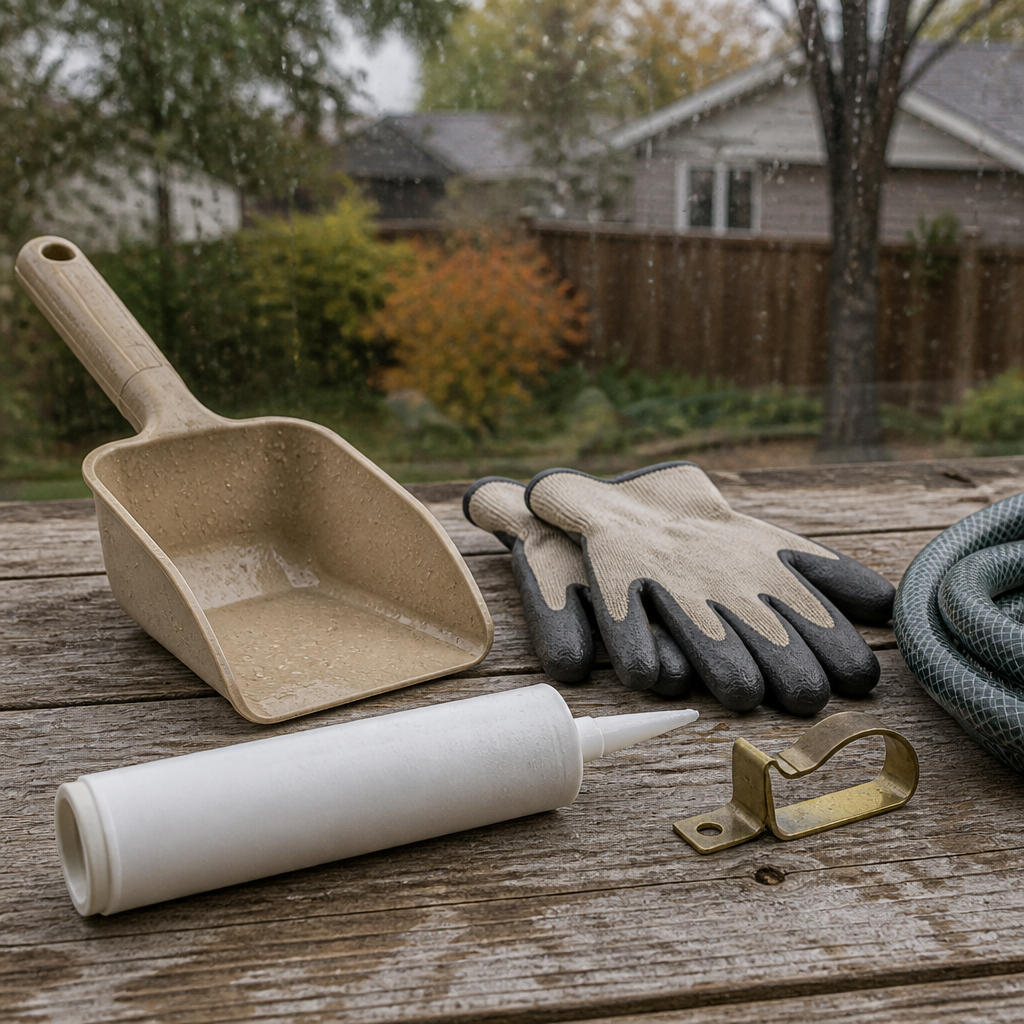 Gutter scoop, work gloves and sealant laid out for eavestrough maintenance before fall rain