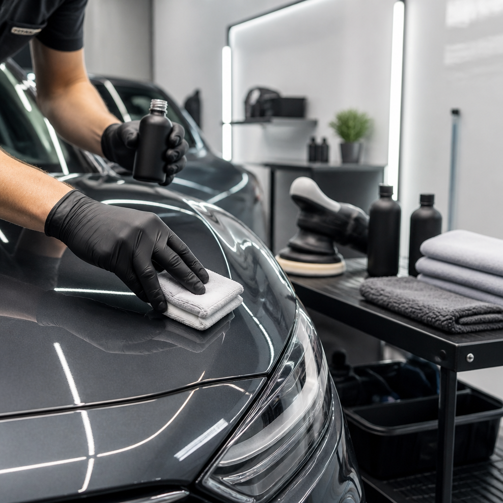 Detailer applying a ceramic coating to a car hood with microfiber towels and a polisher nearby