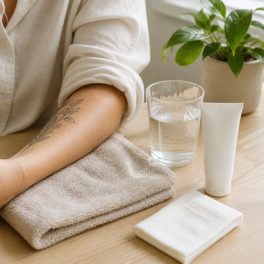 Forearm resting beside water and plain aftercare items, supporting healing after tattoo removal sessions.