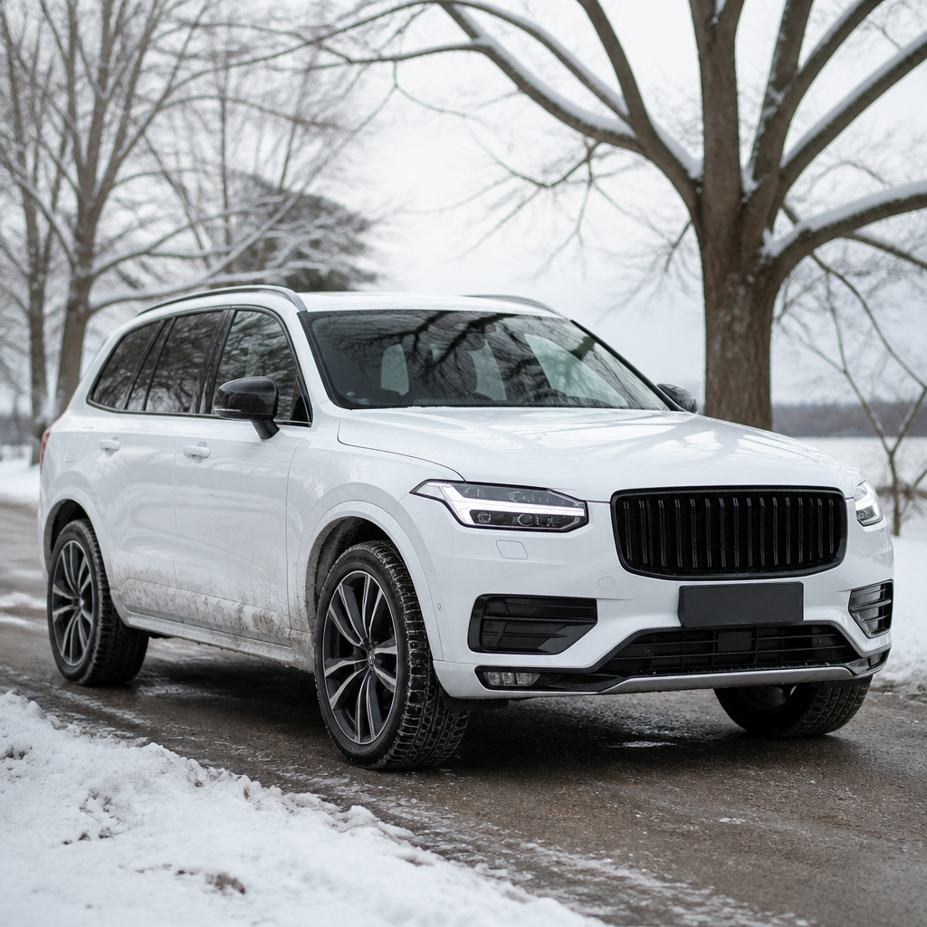White luxury SUV on a snowy Illinois road with clean upper paint and salt-dusted lower panels