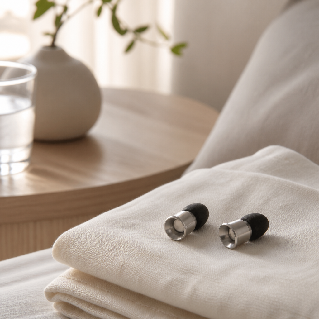 Reusable metal-bodied ear plugs with soft foam tips resting on a linen pillow for ear plugs postpartum sleep.