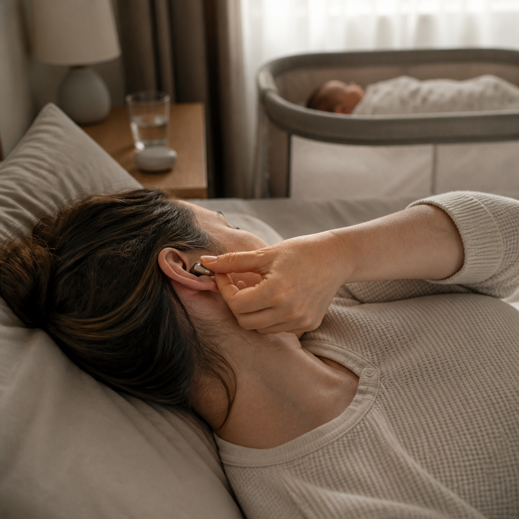 New parent fitting a reusable ear plug at night with a bassinet visible, for noise reduction for new mothers.