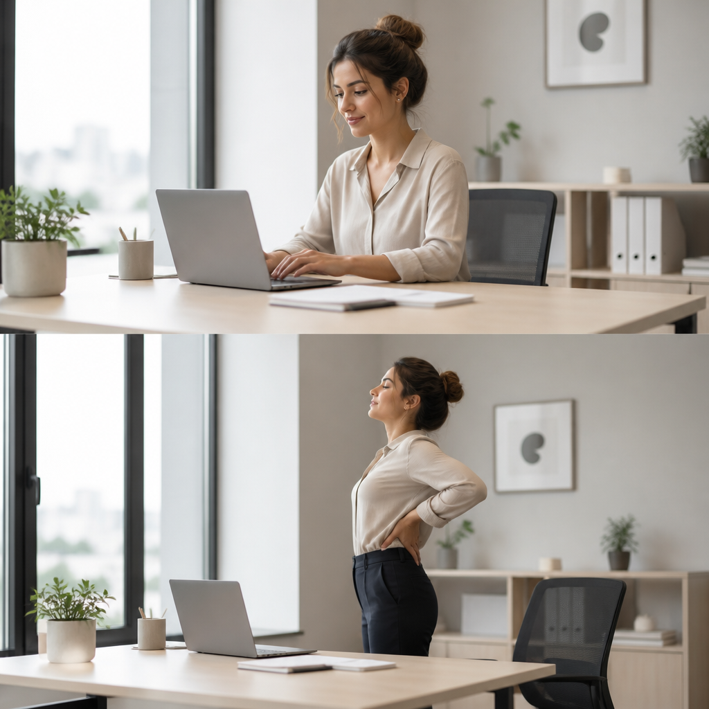 Office worker stretching lower back and hips after sitting at a desk in a bright, modern workspace.