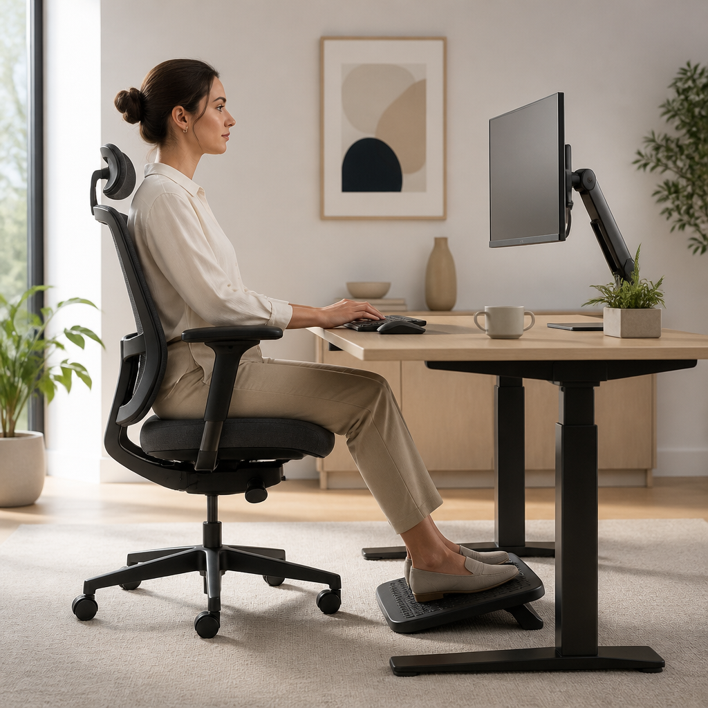 Ergonomic desk setup with adjustable chair, monitor at eye level and footrest in a calm office.