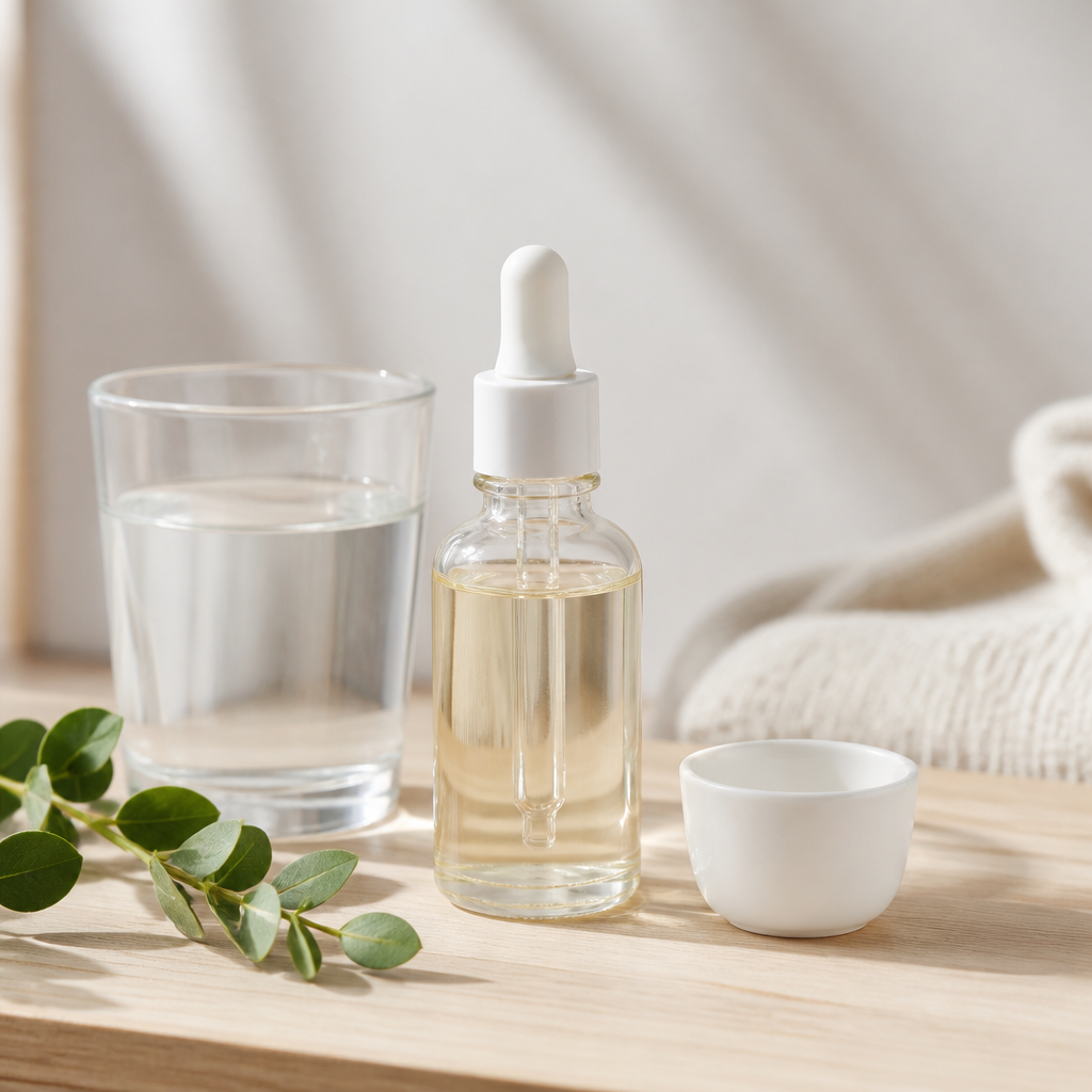 Plain dropper bottle of liquid joint supplement beside a glass of water on a light wooden table.