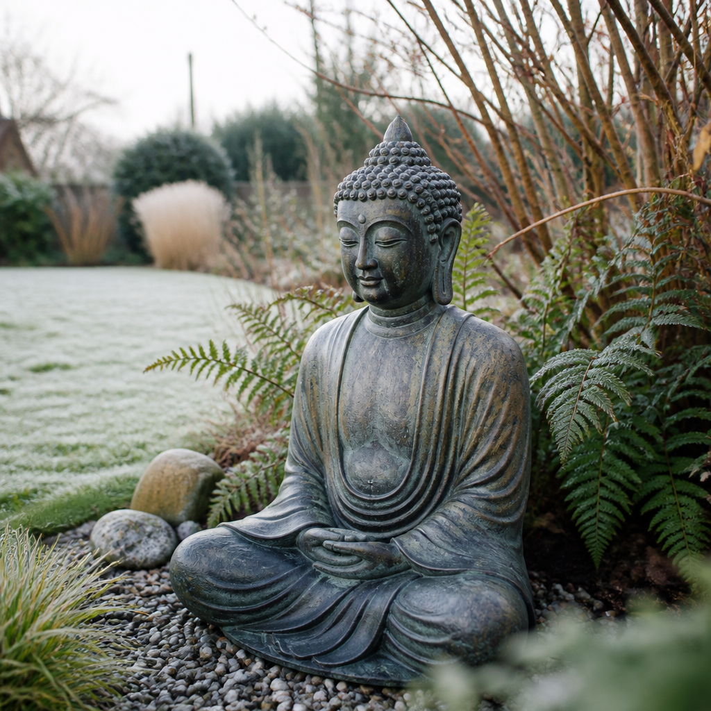 Bronze seated Buddha statue placed as an outdoor Asian sculpture among ferns and gravel in a British garden
