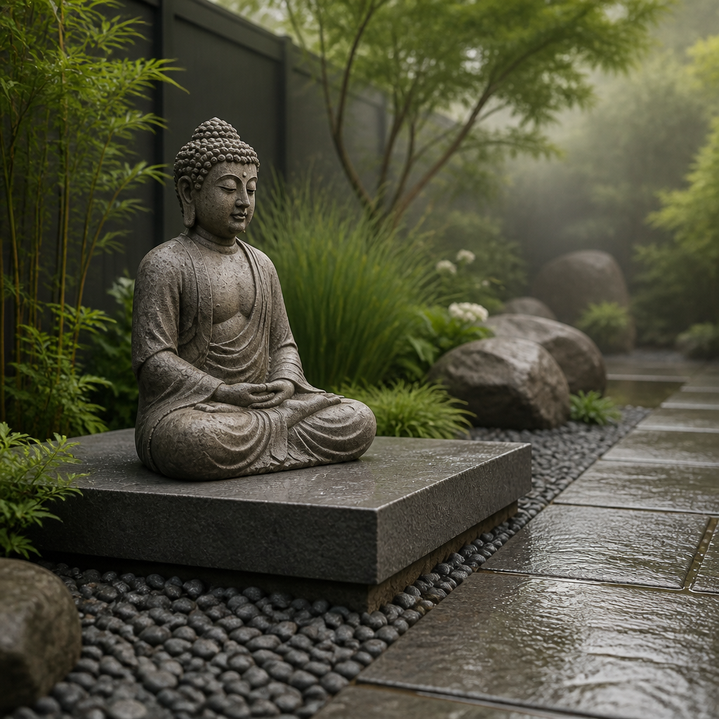 Garden Buddha statue on a raised stone plinth above gravel drainage, with rain-dampened stone path beside it