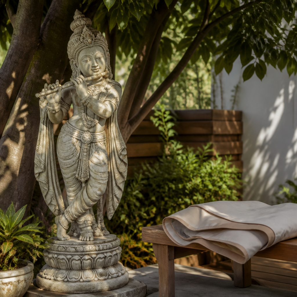 Outdoor Hindu statue in dappled shade beneath a garden tree, with a folded protective cover on a wooden bench