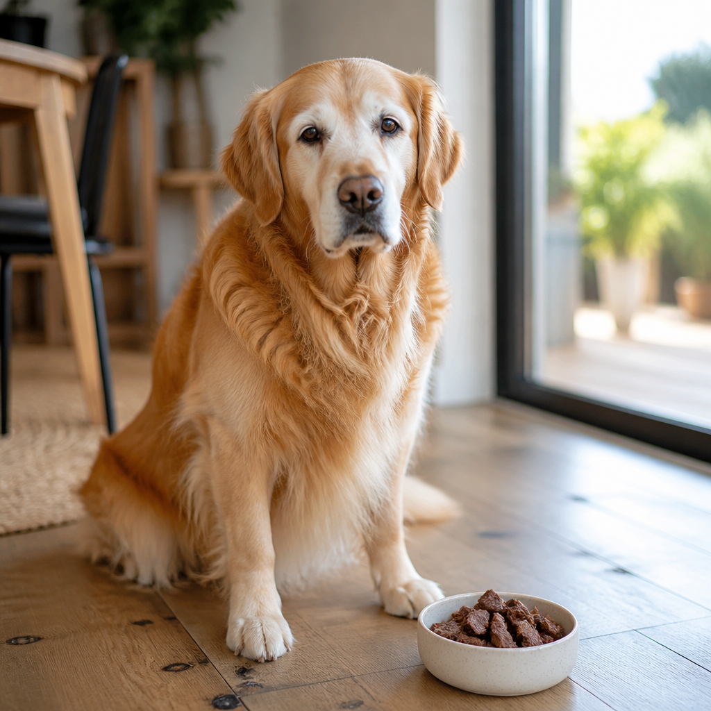 Older golden retriever with grey muzzle beside a bowl of soft, air-dried beef treats for senior dogs in Australia