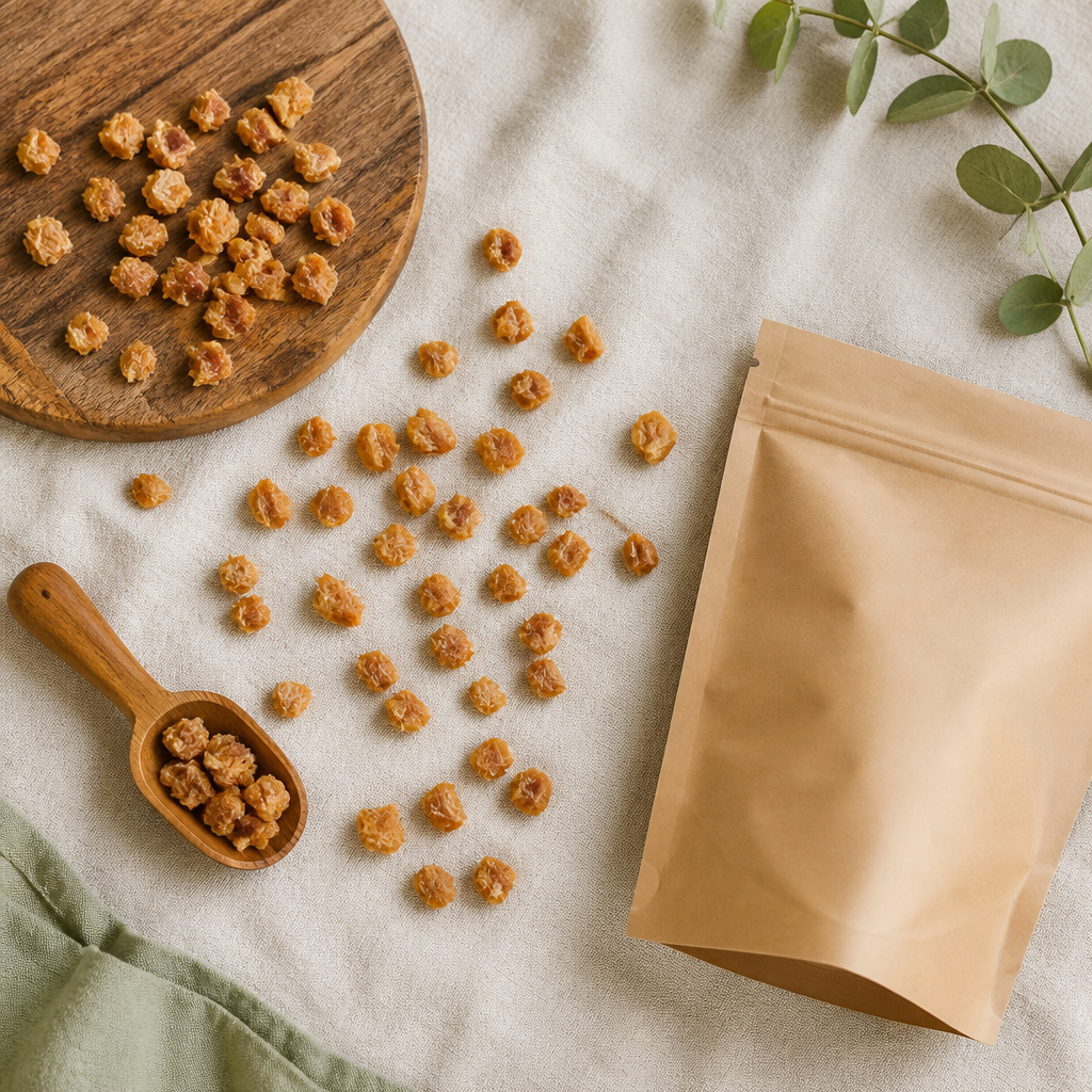 Flat-lay of small air-dried chicken treats broken into pea-sized pieces with a measuring spoon for portioning