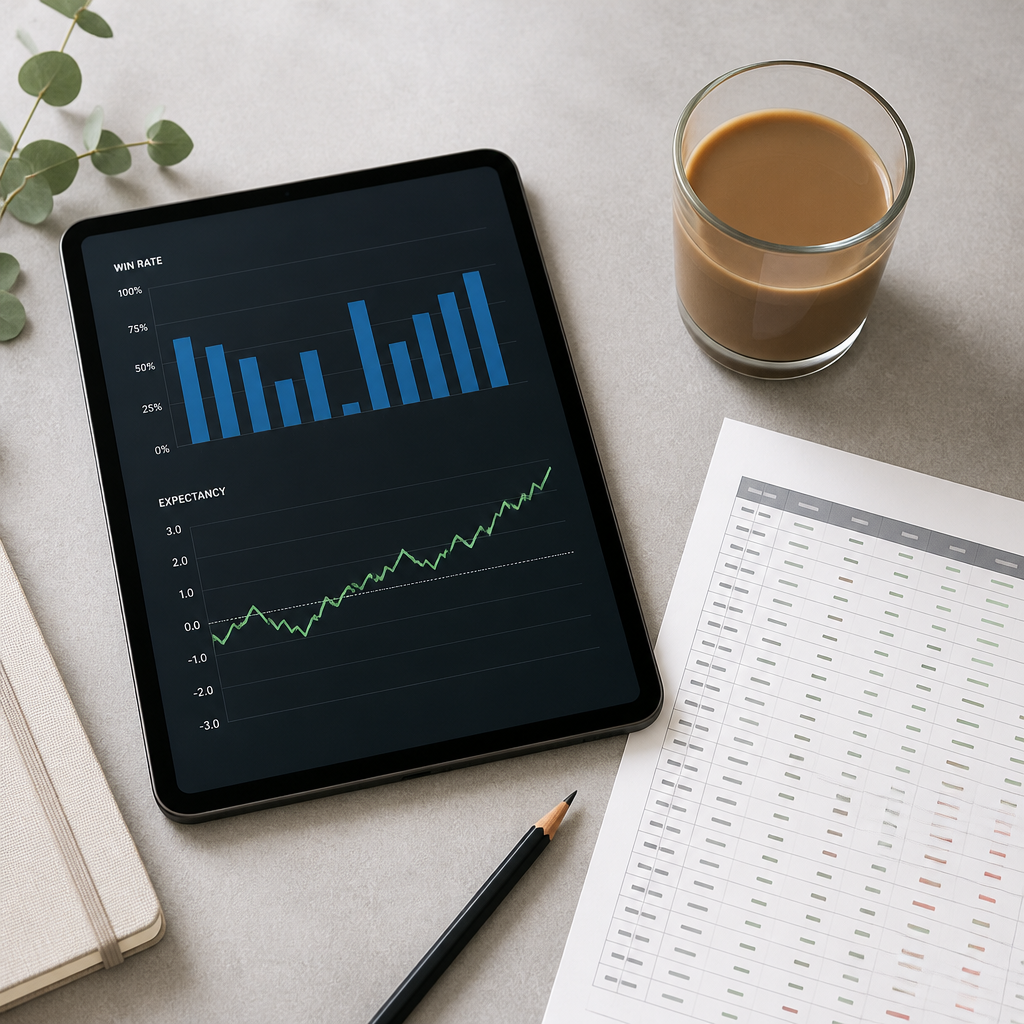 Flat-lay of a tablet showing trading analytics charts beside a printed grid of closed trades and a pencil.