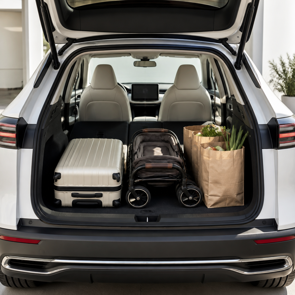 Open boot of an electric family SUV showing cargo space with luggage and a stroller