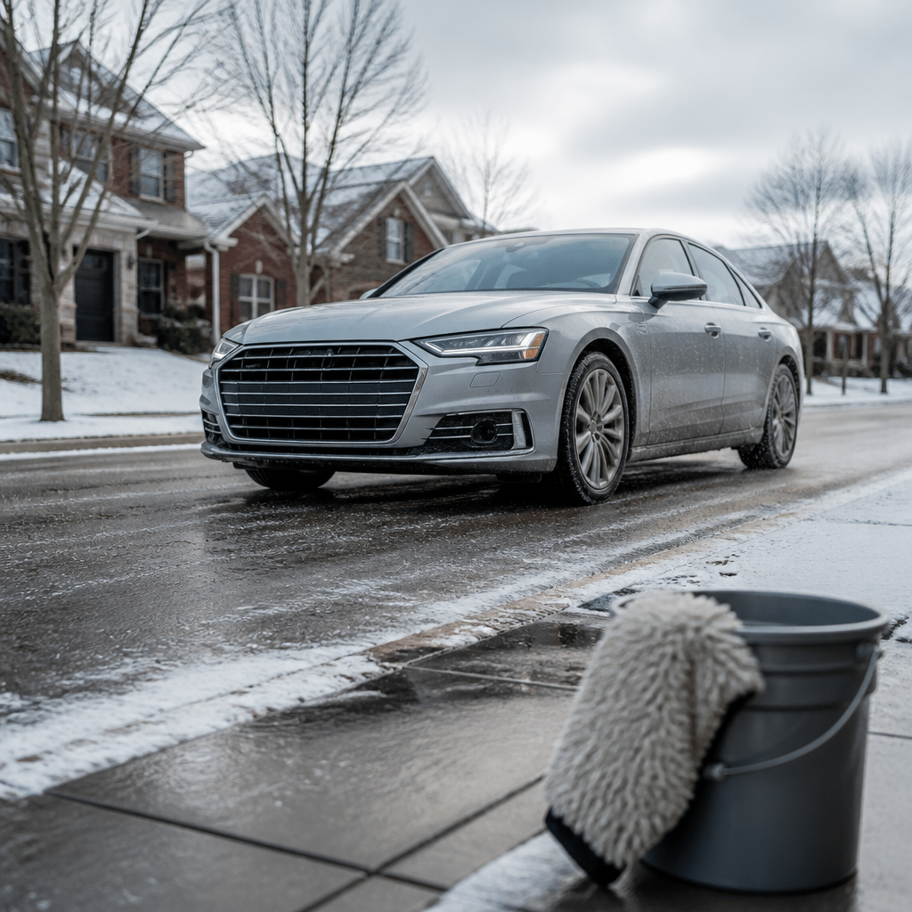 Silver luxury sedan on a snowy Illinois suburban road, showing winter road salt on its lower body panels.