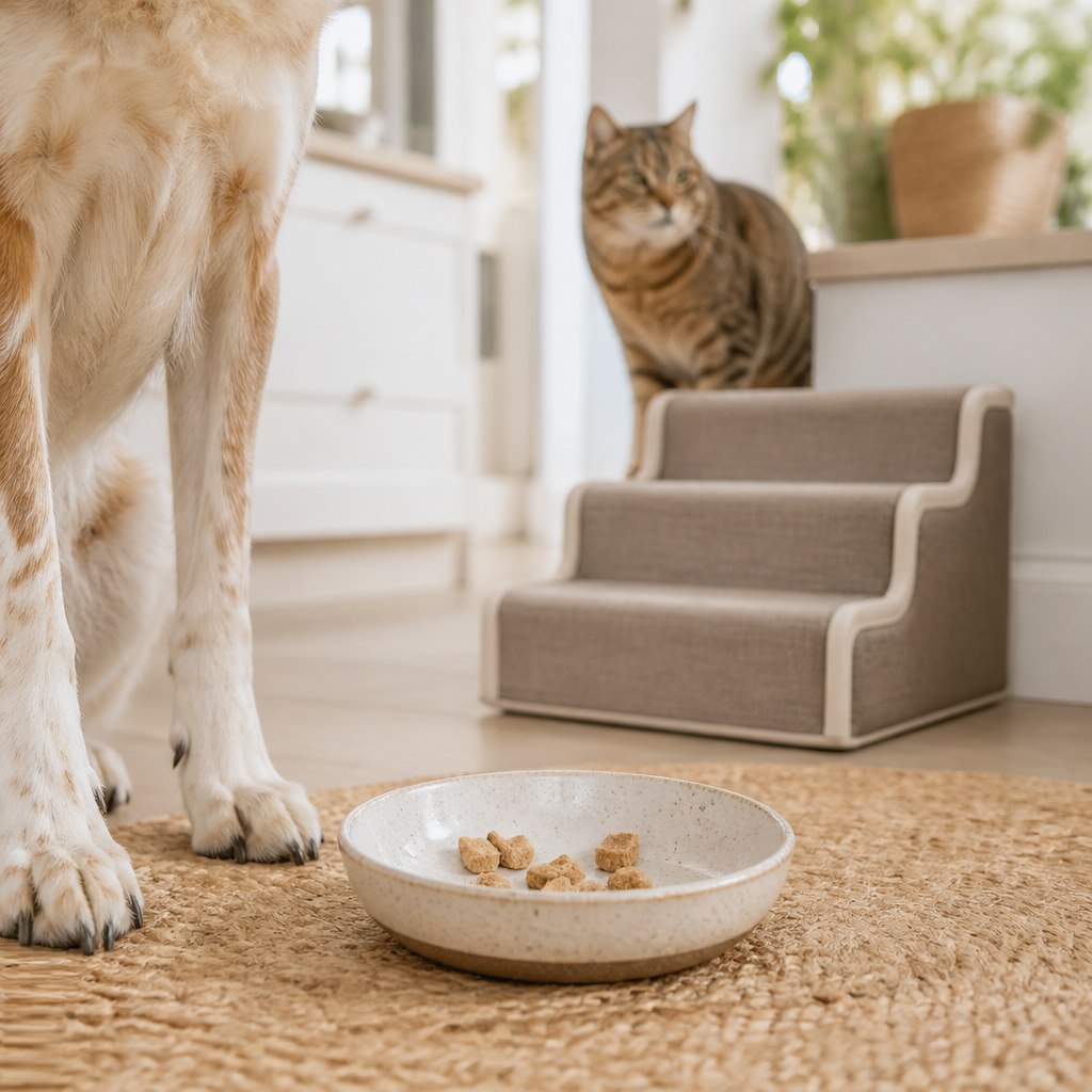 Senior dog's paws beside a ceramic dish of crumbled air-dried turkey treats in a sunny kitchen