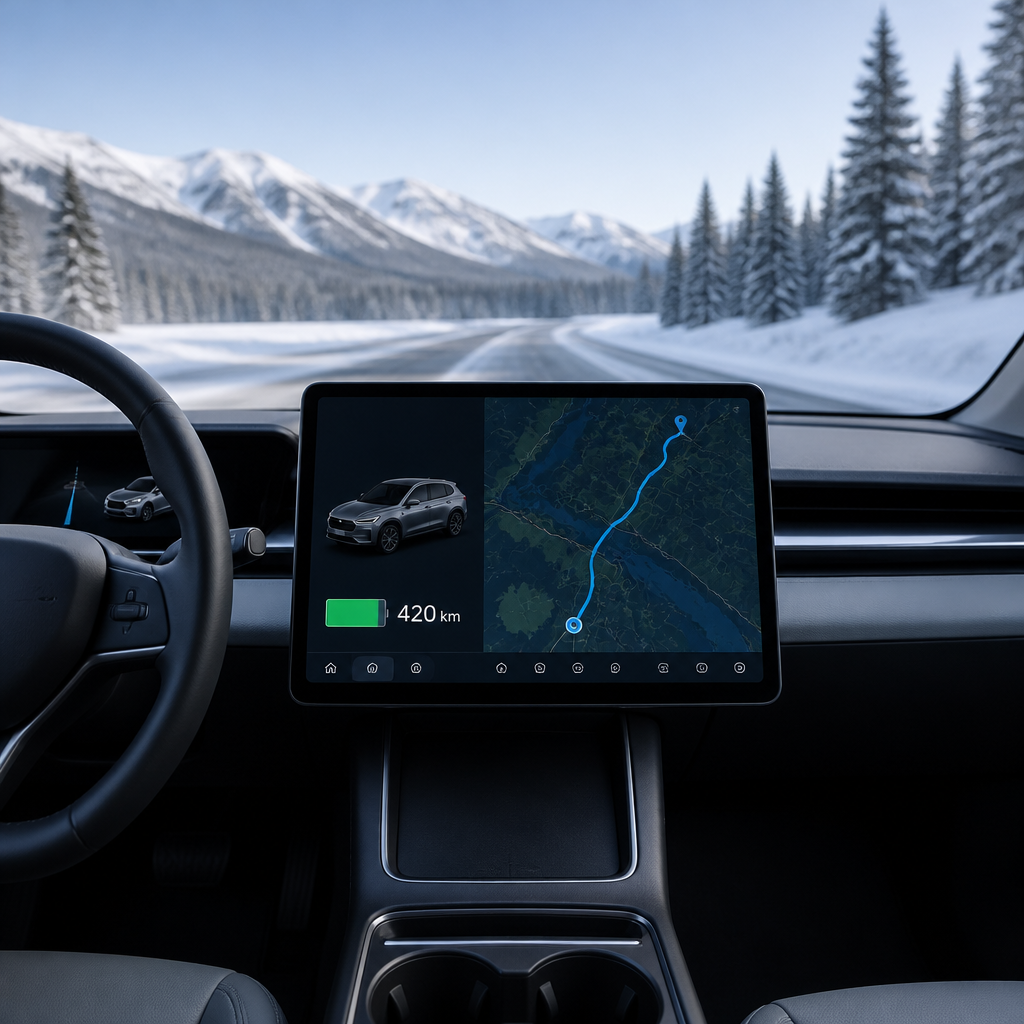 Electric SUV dashboard with a large central screen showing a route map and remaining range on a winter road