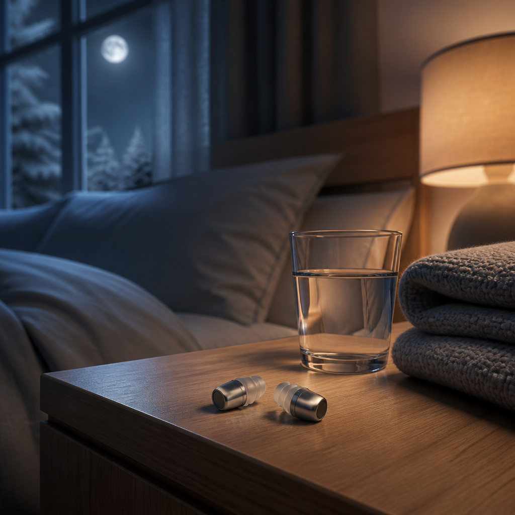 Metal reusable ear plugs with foam tips on a bedside table in a quiet winter bedroom at night
