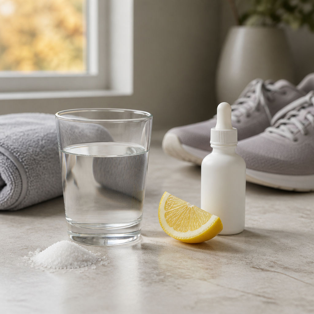 Glass of water with a pinch of salt and lemon beside a folded gym towel on a kitchen counter