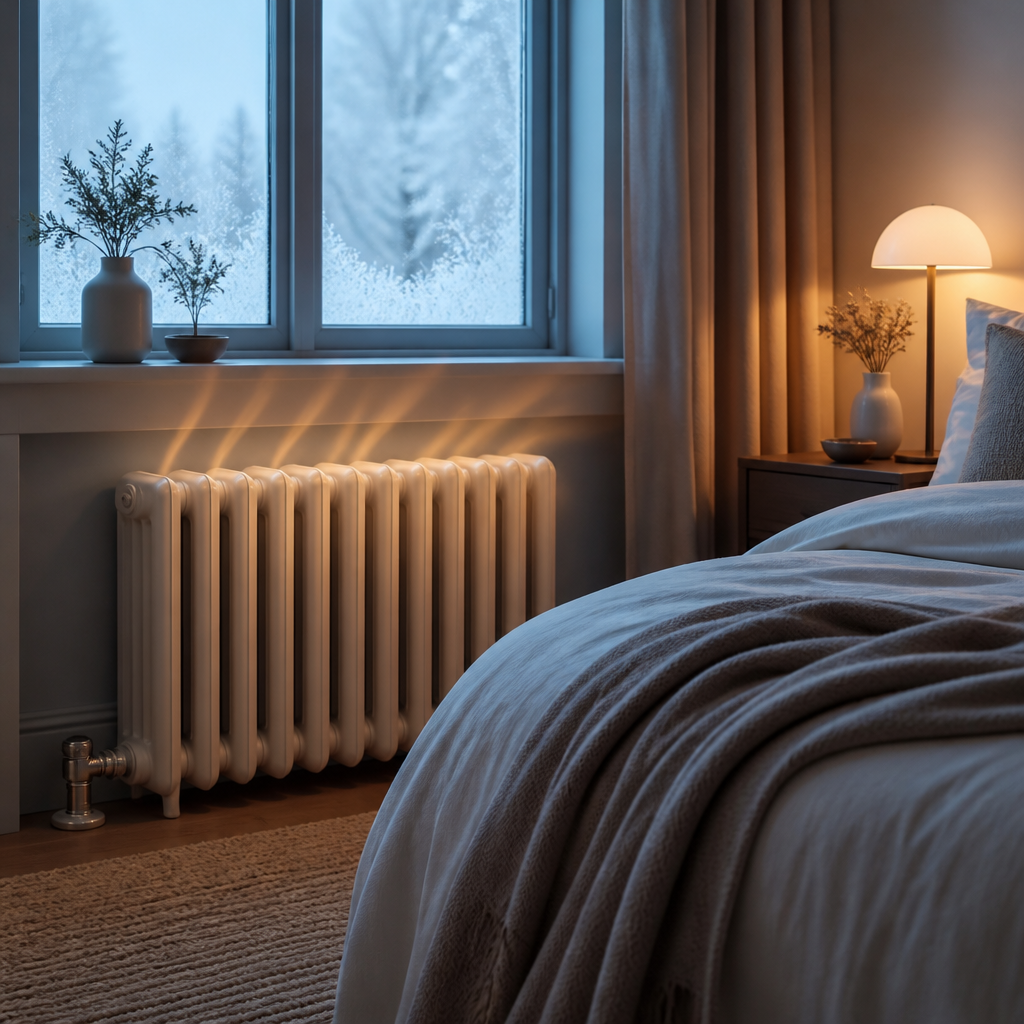 Radiator beneath a frosted window in a cold bedroom where heating noise can disturb sleep