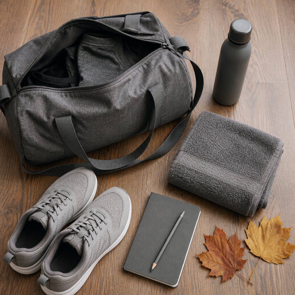 Flat-lay of a gym bag, water bottle, towel and trainers prepared for an autumn training session