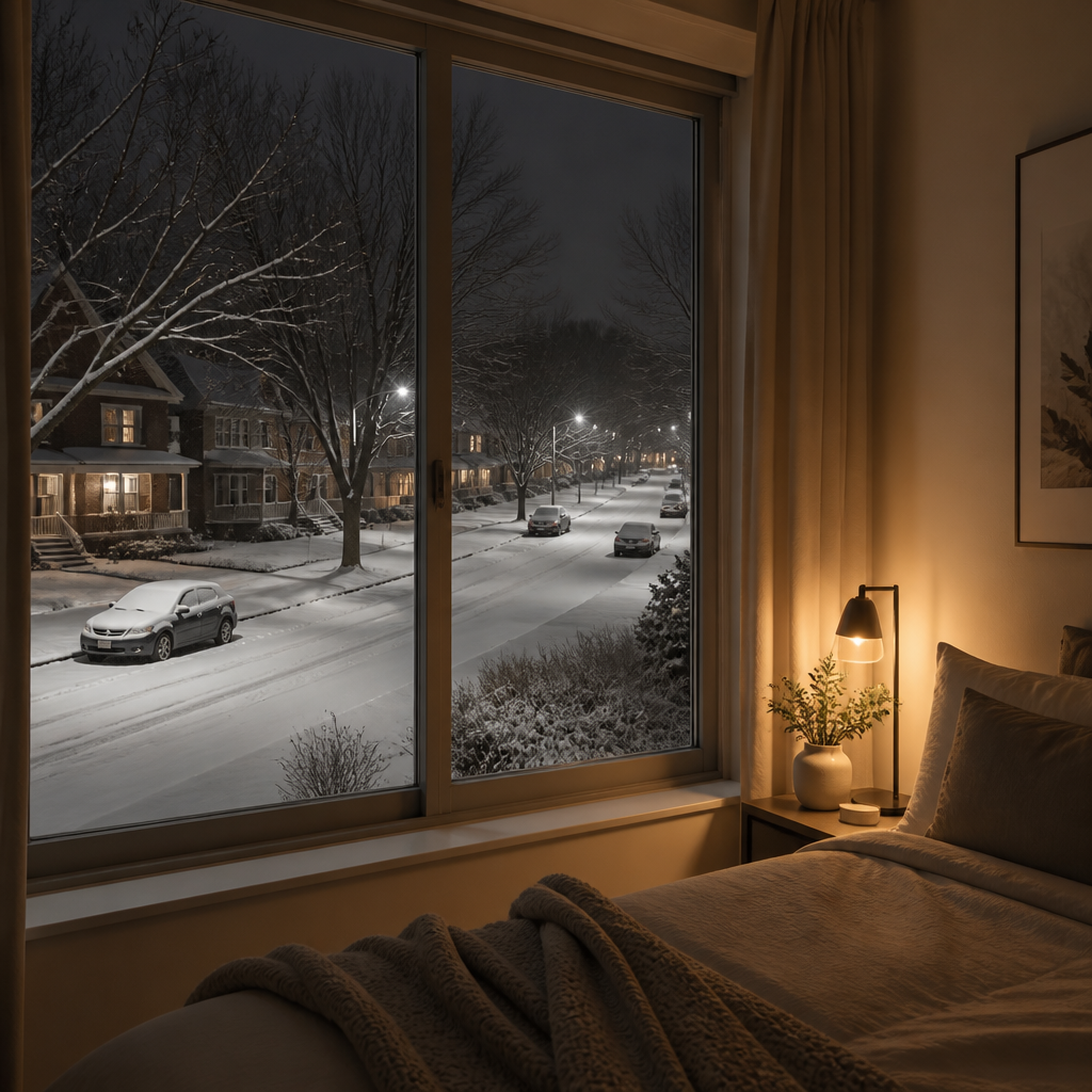 Quiet snowy street at night seen from a winter bedroom window with parked cars under streetlights