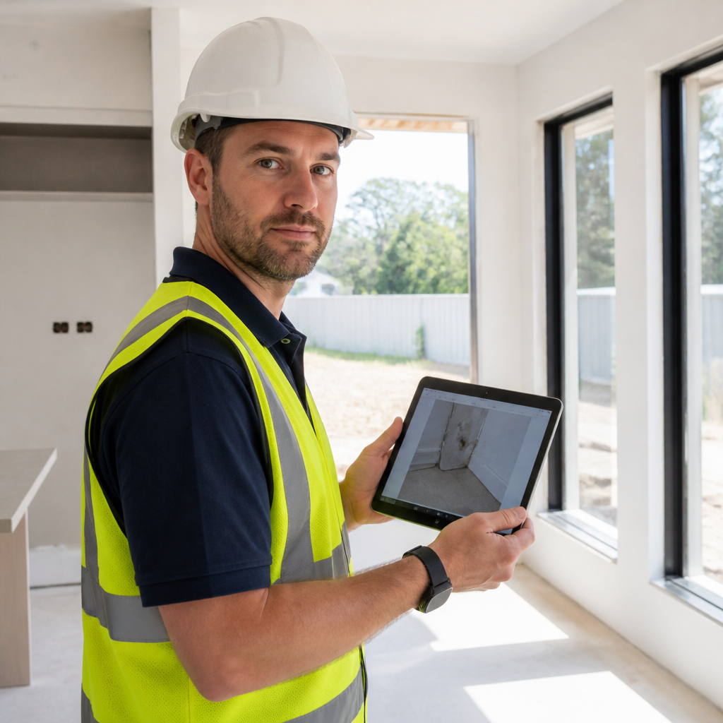 Building inspector reviewing photos on a tablet inside a new home during a new home inspection in North Brisbane.