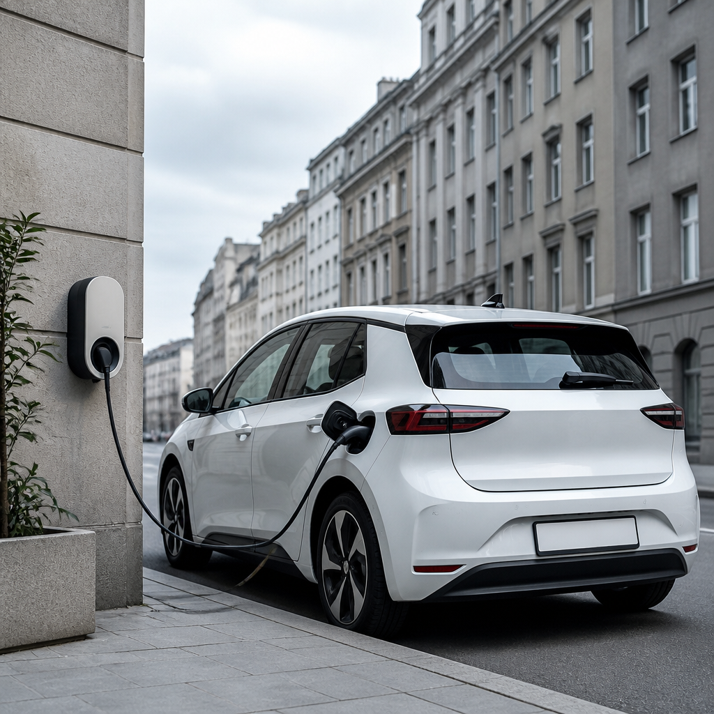 Coche eléctrico blanco conectado a un punto de carga en una calle europea