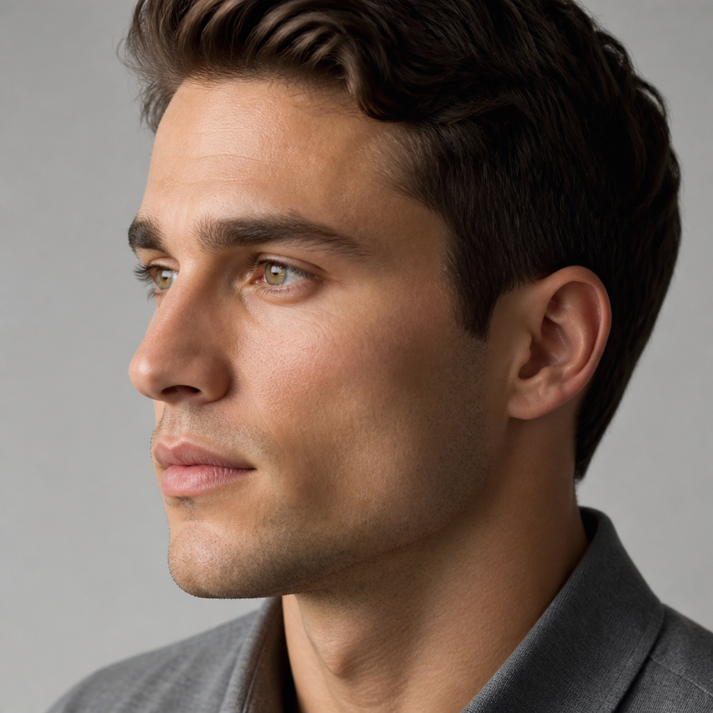 Side profile of a man with a defined jawline in soft studio light, illustrating male facial anatomy in medical aesthetics.