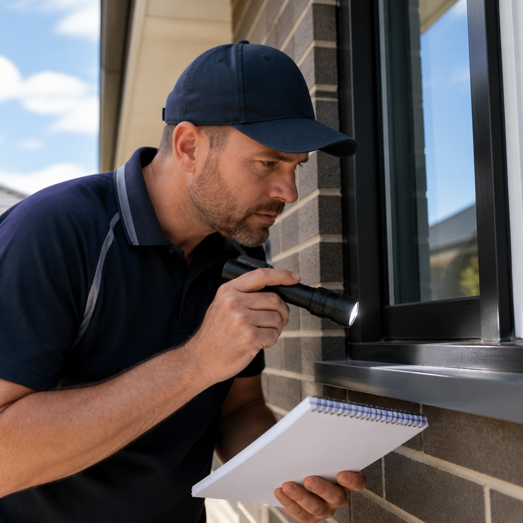 Close-up of a window flashing and sealant being checked during a building inspection on a new build.