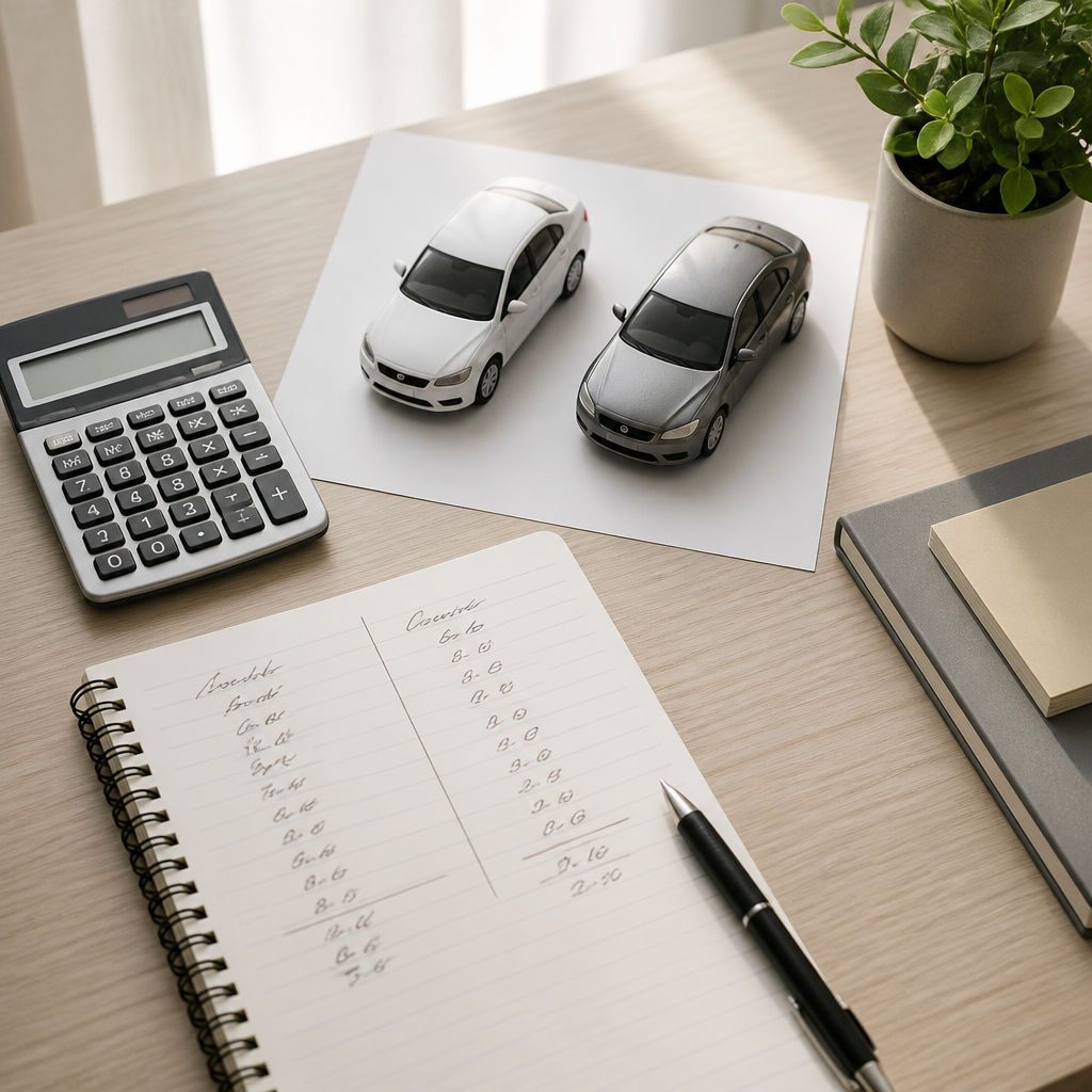 Mesa de trabajo con calculadora y notas para comparar costes de un coche eléctrico a largo plazo