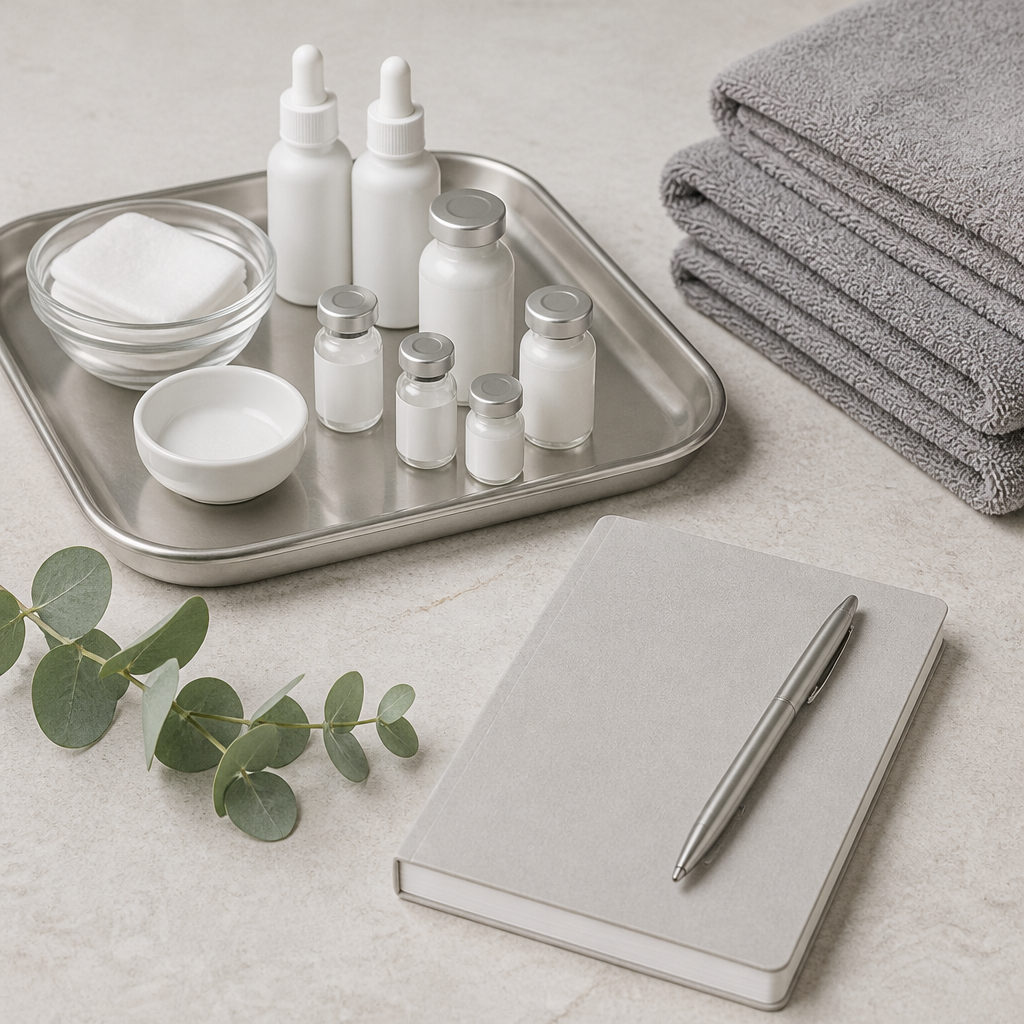 Flat-lay of plain vials, folded towels and a notepad on stone, representing choosing a medspa for men in the GTA.
