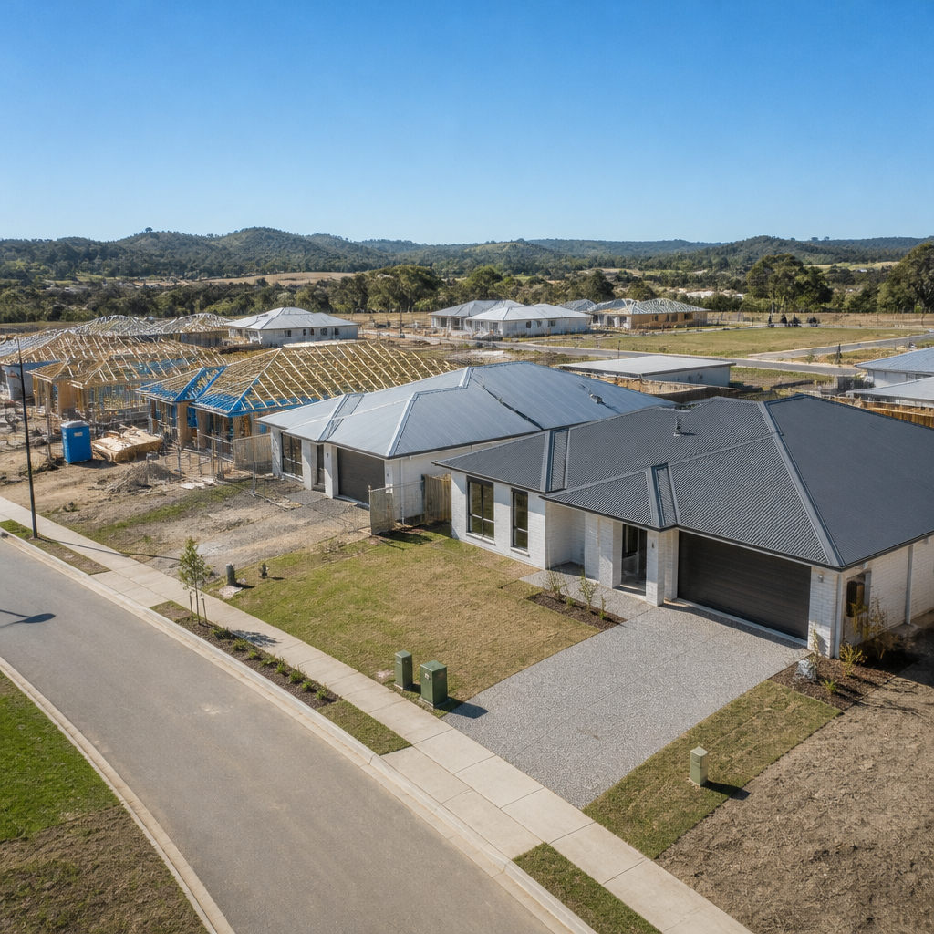 Newly built homes in a North Brisbane housing estate at different stages of completion.