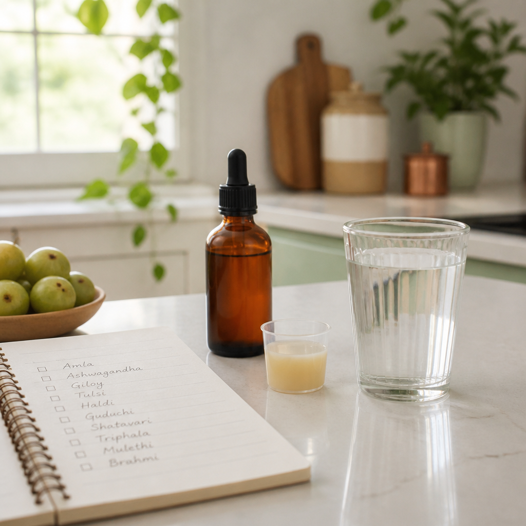 Plain liquid joint supplement bottle and measuring cup on a kitchen counter beside a checklist for choosing the best joint supplement in India.