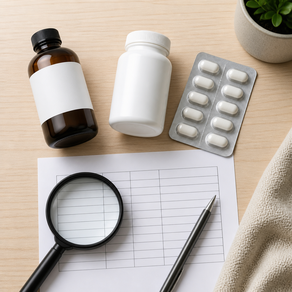 Flat-lay comparing liquid, capsule and tablet joint supplement formats with a magnifying glass over a blank ingredient table.