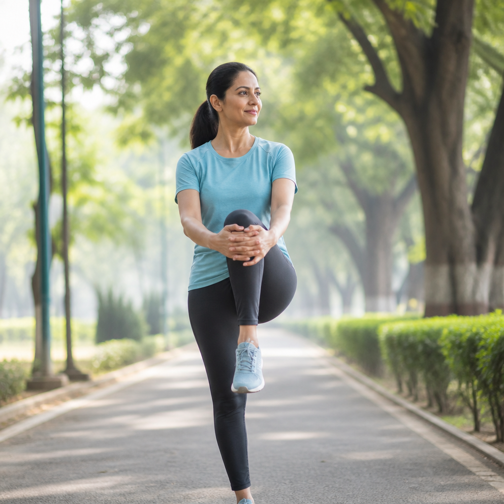 Active woman in athletic wear stretching her knee on a morning park walk, representing daily joint mobility support.