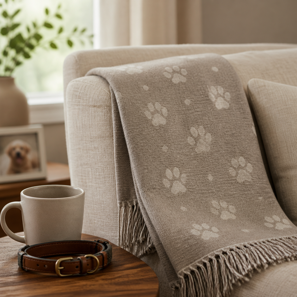 Folded woven blanket with a pawprint pattern on a sofa beside a plain ceramic mug, a gentle pet memorial gift idea.