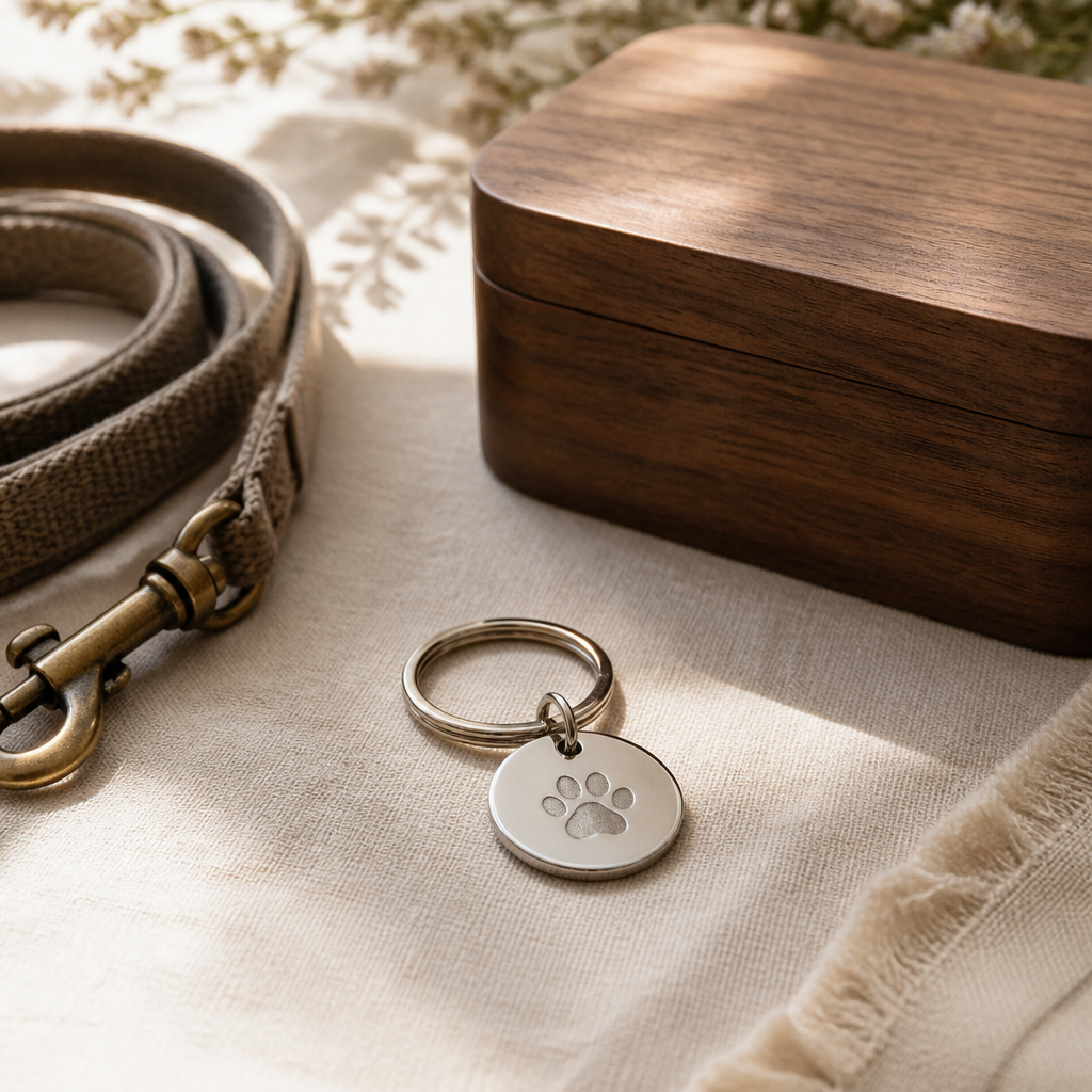 Small engraved keepsake and a coiled dog leash on linen, showing personal ways to keep a dog's memory close.