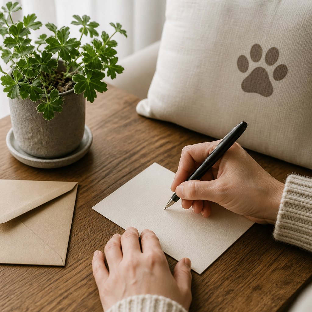 Hands writing a sympathy note on cream card beside a pillow and potted plant, suggesting what to write with a gift.