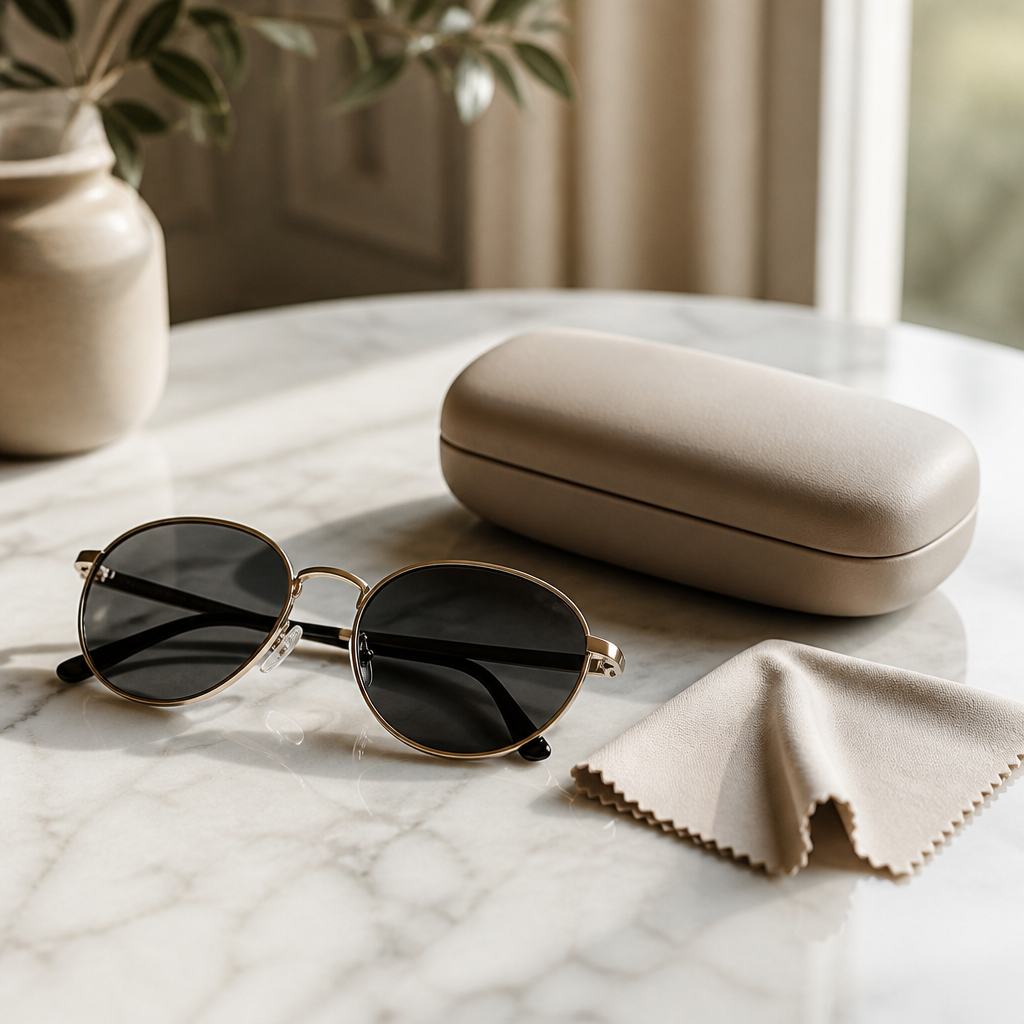 Designer sunglasses with a plain case and cloth on a marble table, illustrating the sunglasses return policy UAE.