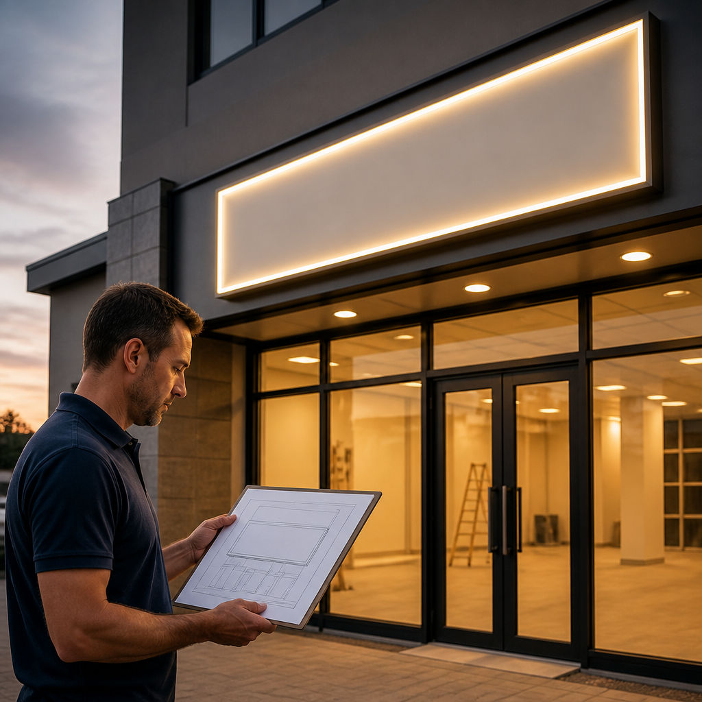 Illuminated channel-lettered signage being checked on a new shop frontage in Gauteng at dusk