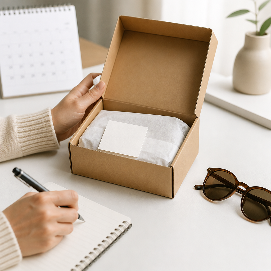 Hands unpacking a plain delivery box with sunglasses, showing the first step of a 7-day return process.