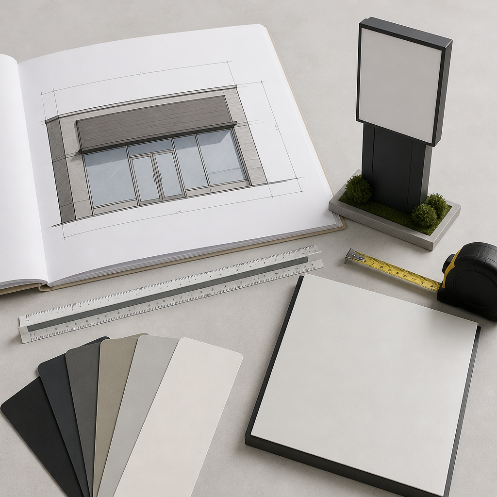 Overhead view of shopfront drawings, colour swatches and a pylon sign model for a business launch